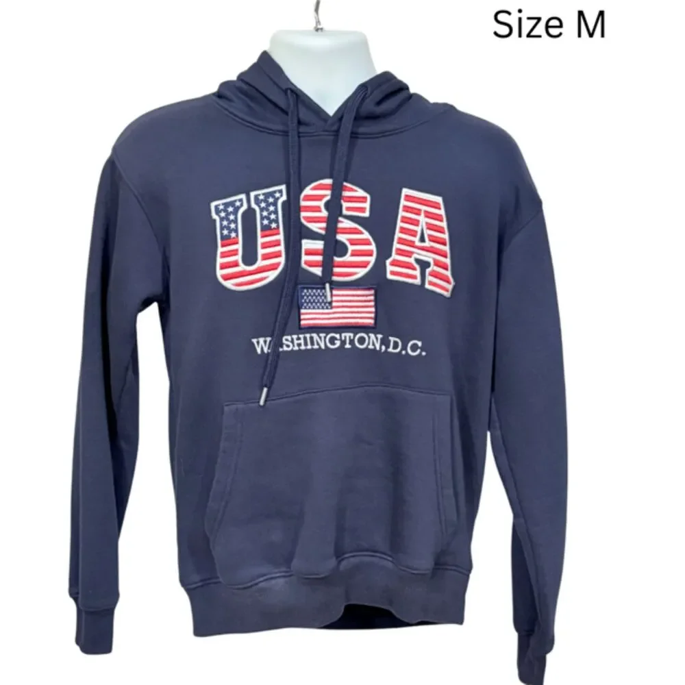 USA Washington DC Hoodie American Flag Embroidered Navy Adult M Patriotic